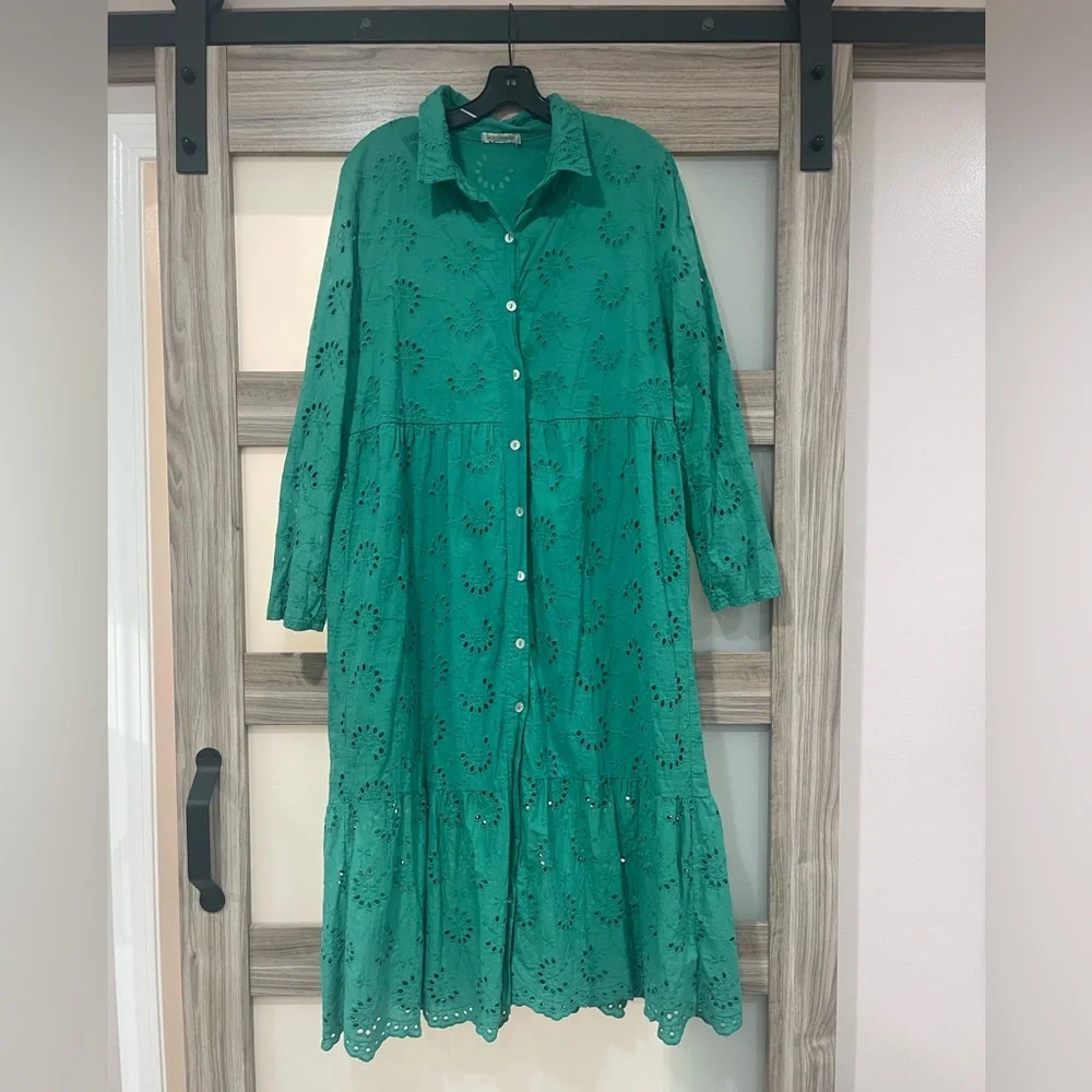 Green Pleated Long Sleeve Sundress with Bishop Sleeves - Picture 1 of 1